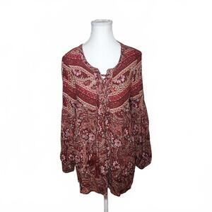 American Eagle Women's Size M Red Floral Bohemian Blouse